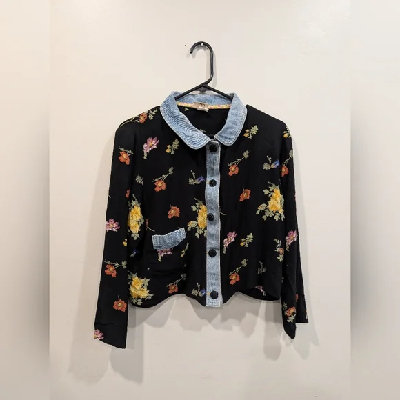 Vintage 90s Floral Rayon Blouse Denim Trim M - Picture 2 of 9
